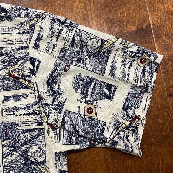Natural Issue Vintage Fishing AOP Cream Navy Button Front Shirt Men's Size Large - Picture 4 of 9